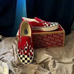 Hardly worn, Classic Slip-On Vans, Size: 8.5 Women, (Checkered Flame) Racing Red